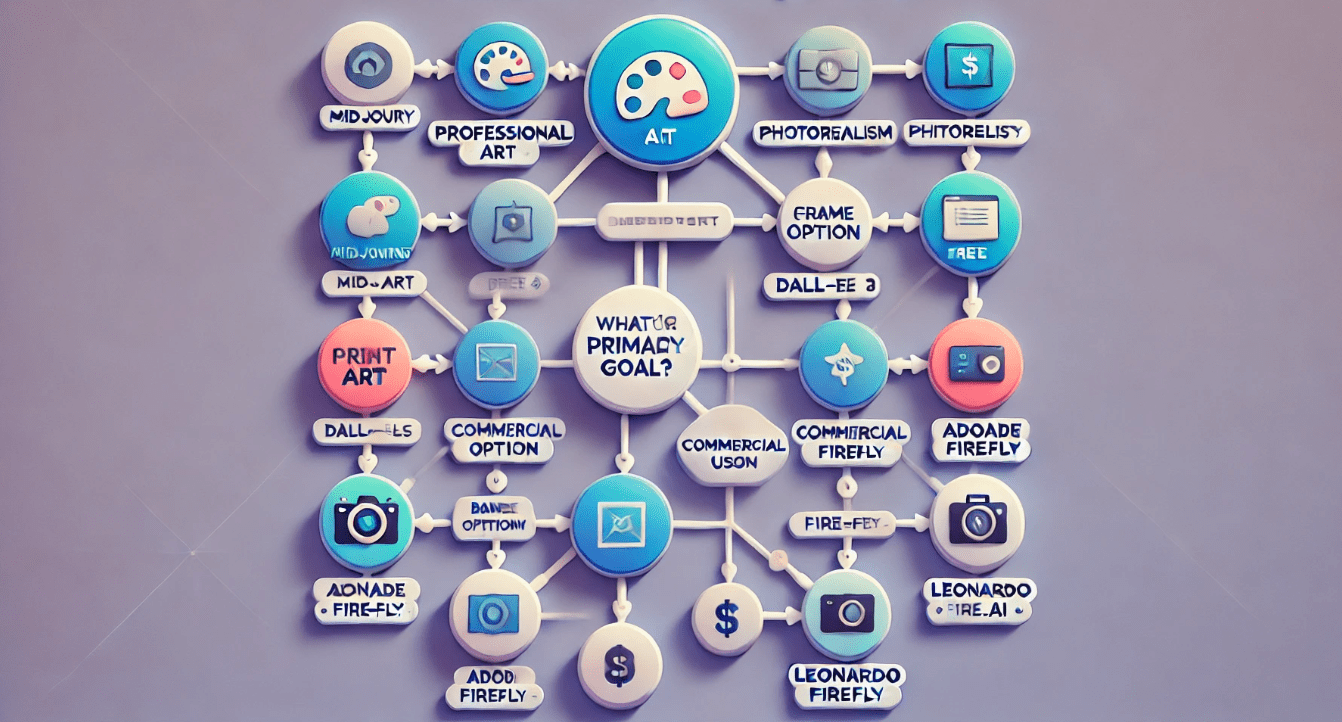 Flowchart infographic with colorful rounded icons and arrows, showing paths to different AI image generators based on goals like professional art, photorealism, commercial use, free tools, and game assets.
