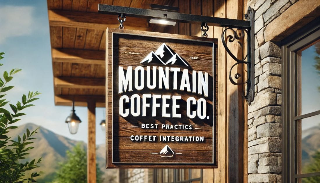 Rustic wooden storefront sign reading “MOUNTAIN COFFEE CO.” in bold white text, with a mountain logo above, hanging from black metal chains, captured in natural daylight with realistic textures and shadows.