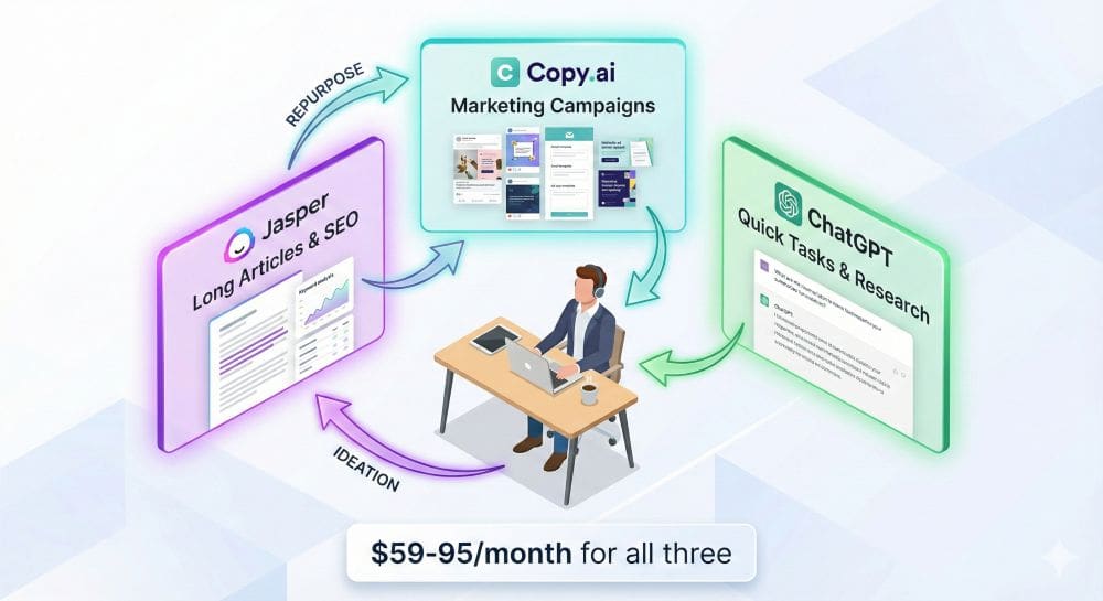 Multi-tool AI writing strategy: Use Jasper for long-form, Copy.ai for marketing, ChatGPT for versatility - $59-95/month combined investment