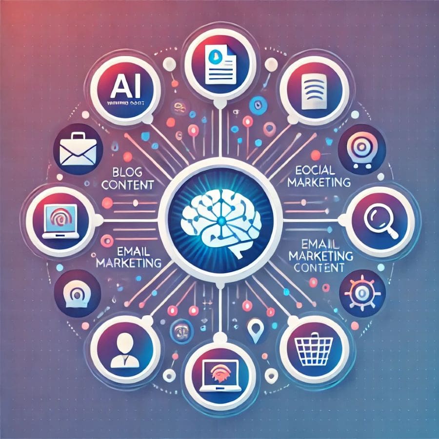 AI writing tool use cases diagram: blog content, social media, email marketing, e-commerce, SEO optimization, and business communications applications