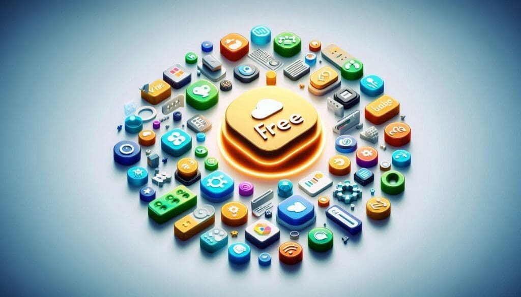 3D illustration of colorful app icons surrounding a glowing central button labeled Free, representing the best free AI tools for 2026.