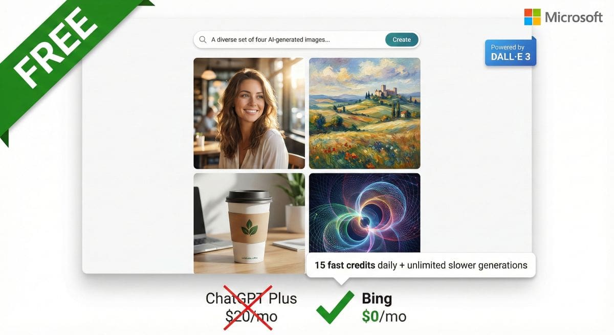 Bing Image Creator free DALL-E 3 interface showing AI-generated images with no cost compared to ChatGPT Plus $20/month subscription