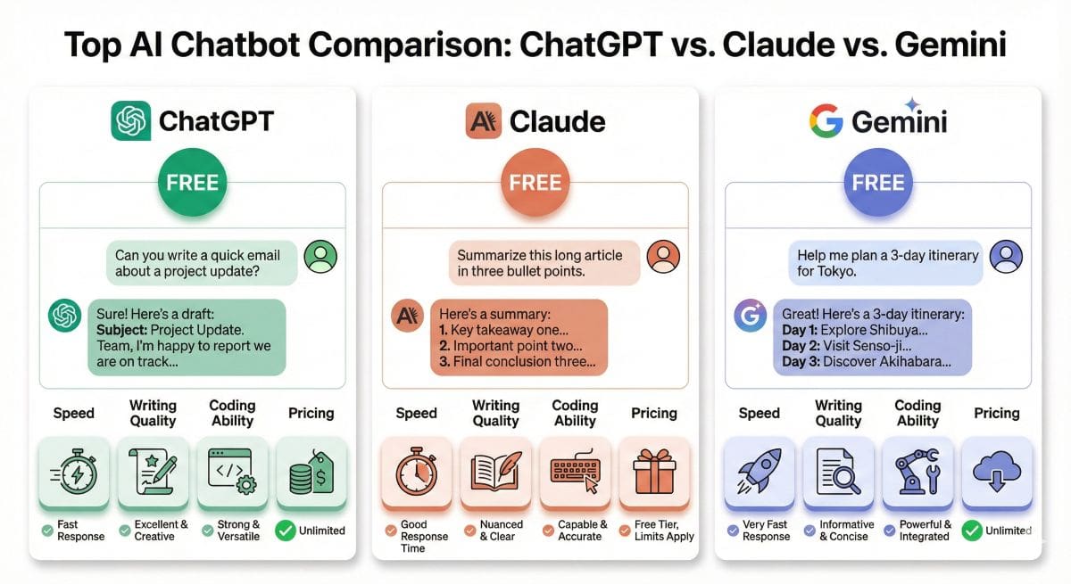 Side-by-side comparison infographic of ChatGPT, Claude, and Gemini showing simplified chat interfaces, sample prompts for writing and coding, and feature ratings for speed and pricing