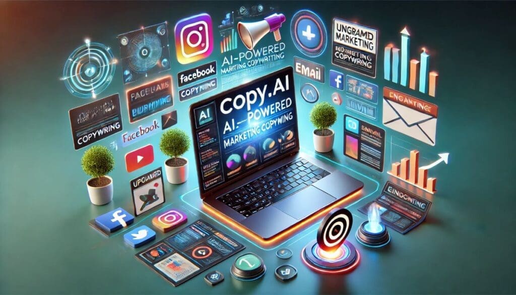 Photorealistic hero image featuring a laptop with AI-generated marketing content previews, surrounded by floating Facebook, Instagram, LinkedIn icons, glowing email graphics, and an upward-trending chart on a teal-blue gradient background.