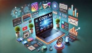 Photorealistic hero image featuring a laptop with AI-generated marketing content previews, surrounded by floating Facebook, Instagram, LinkedIn icons, glowing email graphics, and an upward-trending chart on a teal-blue gradient background.
