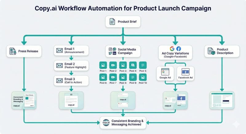 Copy.ai workflow automation: create complete product launch campaign from single brief—press release, emails, social media, ads, descriptions automatically