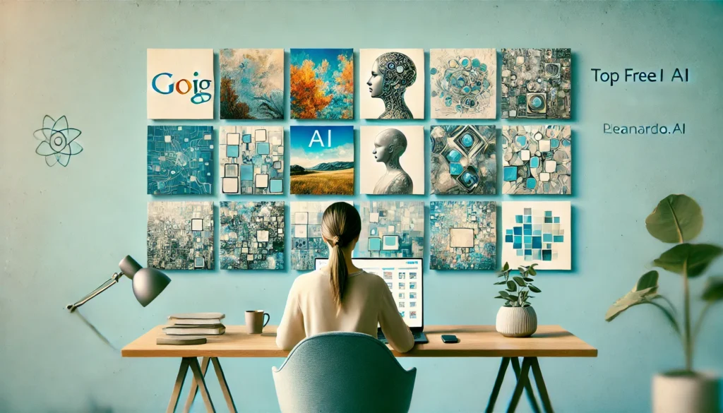 Woman at desk viewing gallery of AI-generated artwork on wall showing various styles from top free AI image generators including landscapes, portraits, and abstract art