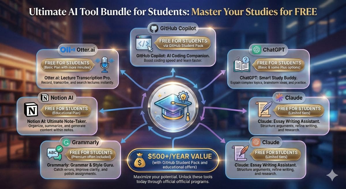 Free AI tools bundle for students featuring GitHub Copilot, ChatGPT, Claude, Grammarly, and transcription tools worth $500+/year at zero cost