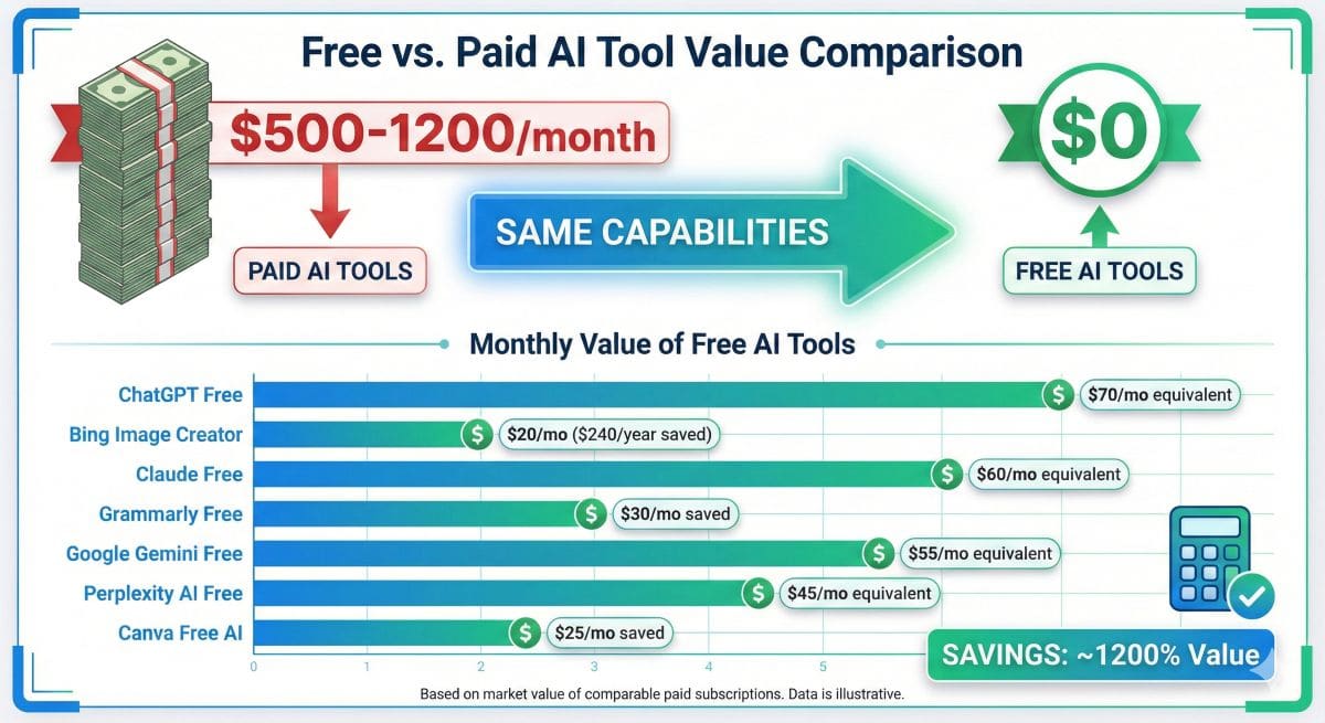 Free AI tools value comparison showing $500-1200/month equivalent capabilities at zero cost through strategic tool combination