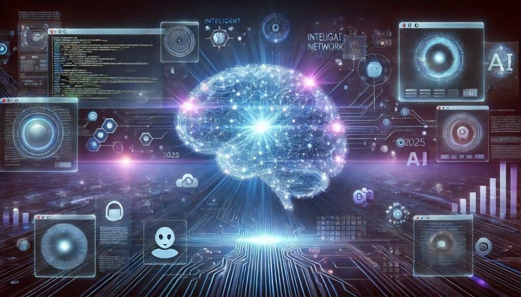Digital brain made of glowing neural network connections surrounded by holographic chat bubbles with code, text, and data visualizations, representing Intelligent AI in a futuristic 2026 setting.