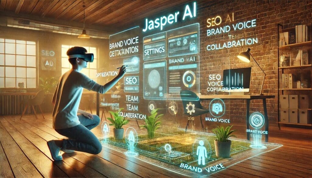 User wearing AR glasses interacts with a projected Jasper AI interface in a high-tech mixed-reality workspace with floating holographic icons and ambient teal-gold lighting.