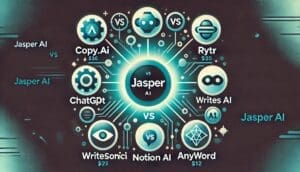 Infographic showing Jasper AI at the center surrounded by alternative AI writing tools including Copy.ai, ChatGPT, Rytr, Writes AI, WriteSonic, Notion AI, and Anyword, with price tags and comparison layout.