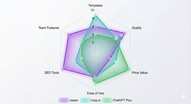Radar chart comparing Jasper, Copy.ai, and ChatGPT Plus on Templates, Quality, Price, Ease of Use, SEO, and Team Features. Jasper excels in Quality/SEO, Copy.ai in Templates.