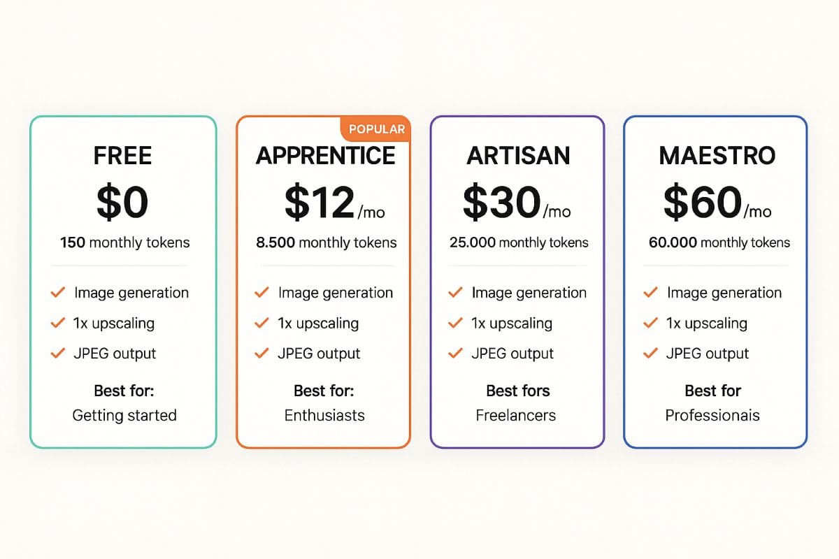 Leonardo AI pricing plans: Free, Apprentice ($12), Artisan ($30), and Maestro ($60) plans with token allocations and features comparison