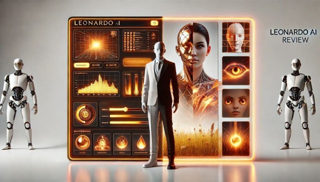 Leonardo AI review 2025 featured image: Professional interface with AI-generated marketing, game, and product images showing commercial capabilities