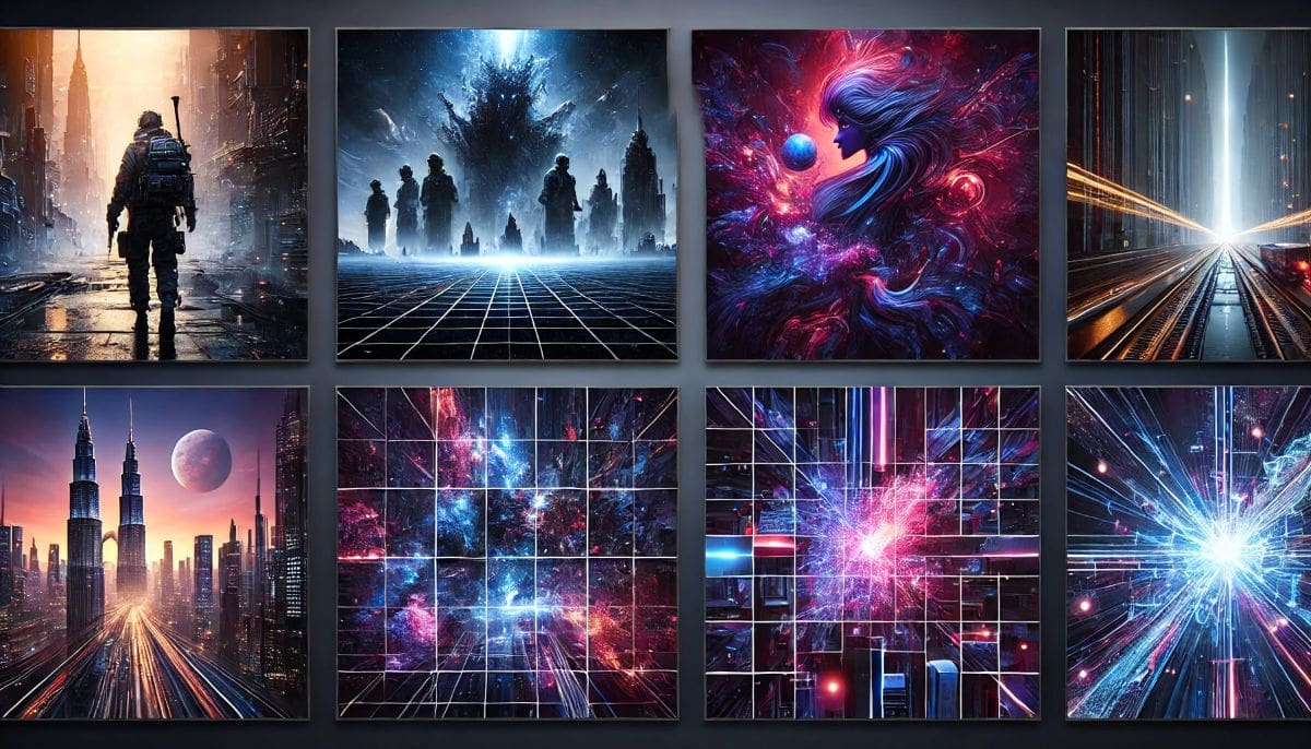 Grid of 6 AI-generated images: hyper-realistic portrait, fantasy landscape, product photo, futuristic architecture, concept art character, and vibrant abstract artwork, arranged in a clean professional layout.