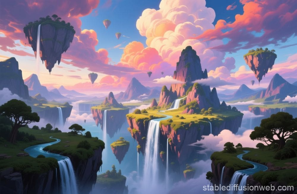 Digital fantasy painting featuring massive landmasses floating in a blue sky. Waterfalls cascade from the hovering rocks into the clouds below. The scene is brightly lit with high contrast and sharp details.