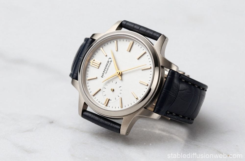 Clean product photography of a silver luxury wristwatch resting on a white Carrara marble countertop. The lighting is bright and neutral, highlighting the metallic bezel and leather strap details.
