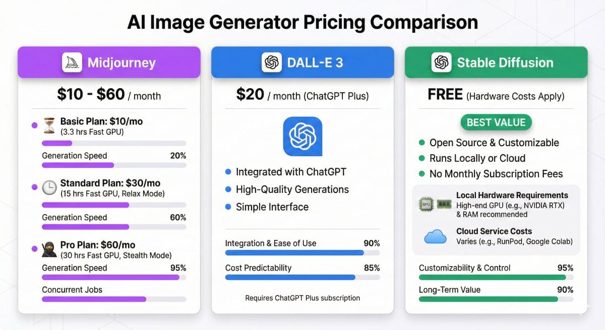 Pricing comparison chart detailing costs for Midjourney subscription, DALL-E 3 ChatGPT Plus, and Stable Diffusion open source model