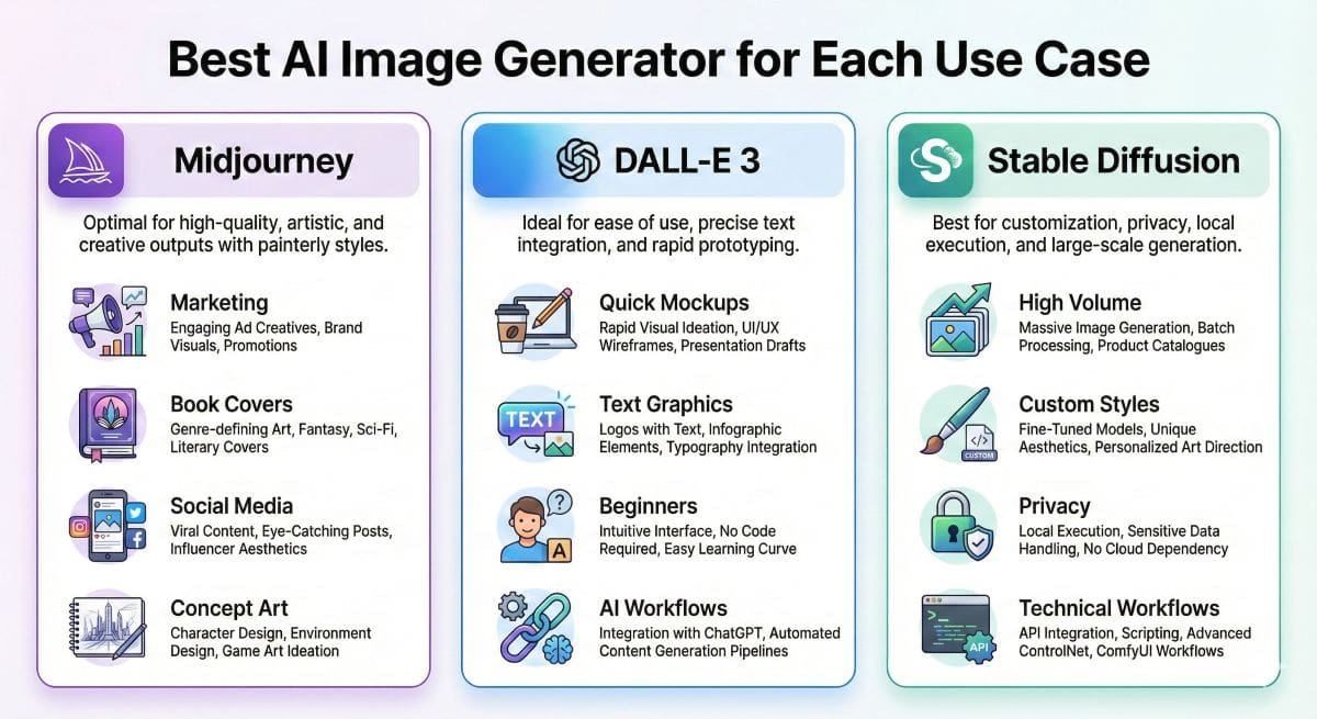 Infographic guide recommending Midjourney for marketing, DALL-E 3 for ease of use, and Stable Diffusion for technical control