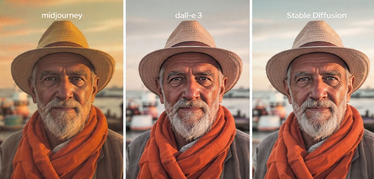Side-by-side portrait comparison of an elderly fisherman generated by Midjourney, DALL-E 3, and Stable Diffusion showing differences in texture and lighting