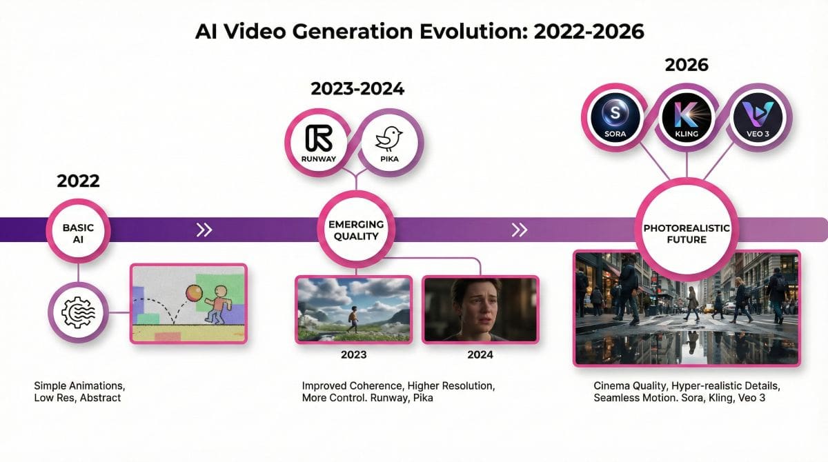 Evolution of AI video generation technology from 2022 to 2026 timeline showing quality improvements