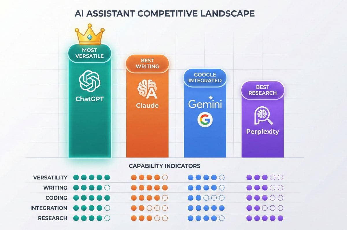 ChatGPT comparison chart versus Claude, Gemini, and Perplexity showing ChatGPT leading in versatility while competitors excel in writing, Google integration, and research
