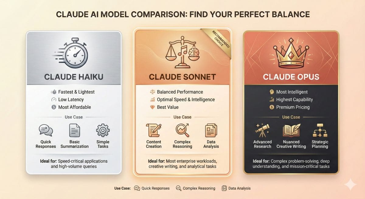 Claude AI model comparison showing three tiers: Haiku for speed, Sonnet for balanced performance, and Opus for maximum capability with visual indicators for each