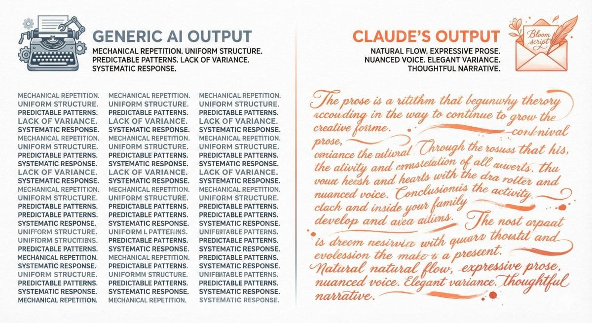 Visual comparison of AI writing quality showing generic mechanical output versus Claude's natural, flowing prose style with organic text rhythms
