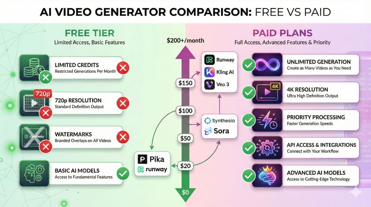 Infographic comparing free AI video generator options versus paid professional tools showing features and pricing