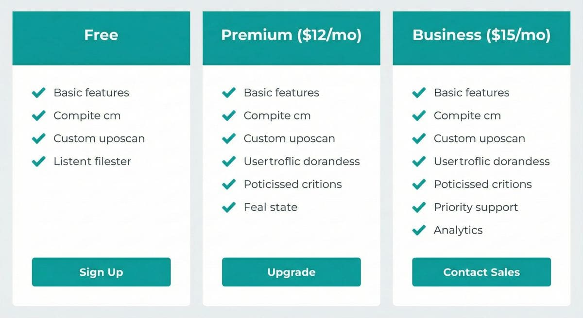 A clean infographic comparison chart showing three vertical columns for Grammarly's 2026 pricing plans: Free, Premium at $12/month, and Business at $15/month. Teal checkmarks indicate included features under each tier.