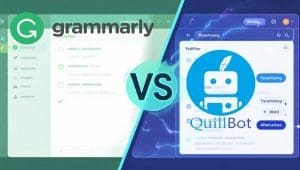 Grammarly vs QuillBot 2026 comparison - split screen showing the editor interface and paraphrasing tool side-by-side
