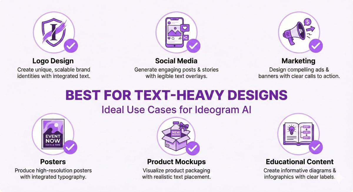 Ideogram AI best use cases including logo design, social media graphics, marketing materials, and posters