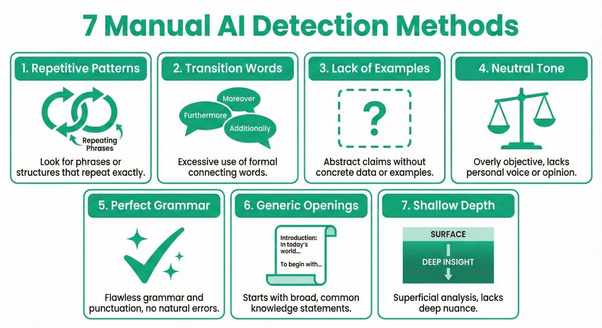 Infographic displaying 7 manual indicators of AI content including repetitive patterns and lack of examples