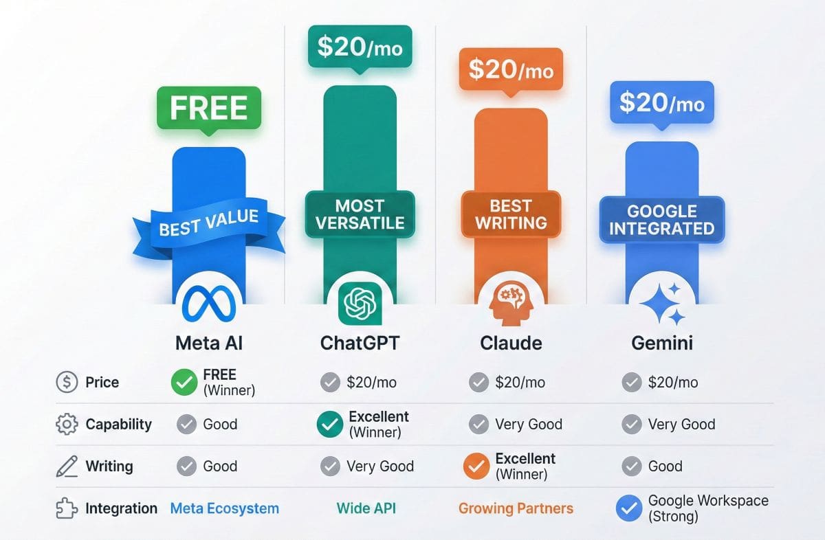 Meta AI comparison versus ChatGPT, Claude, and Gemini showing Meta AI as free while competitors cost $20/month with varying capabilities