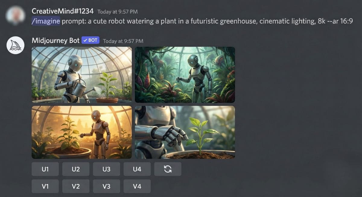 Screenshot of Midjourney Discord bot interface showing /imagine prompt generation of a robot in a greenhouse