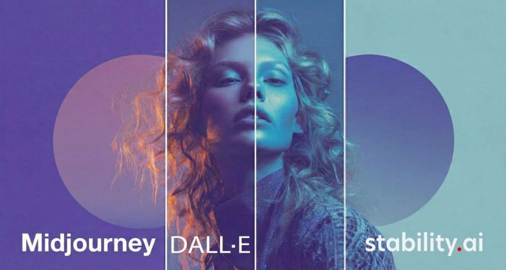 Midjourney vs DALL-E 3 vs Stable Diffusion split-screen artistic comparison featuring a woman's portrait in three distinct AI art styles