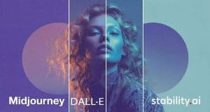 Midjourney vs DALL-E 3 vs Stable Diffusion split-screen artistic comparison featuring a woman's portrait in three distinct AI art styles