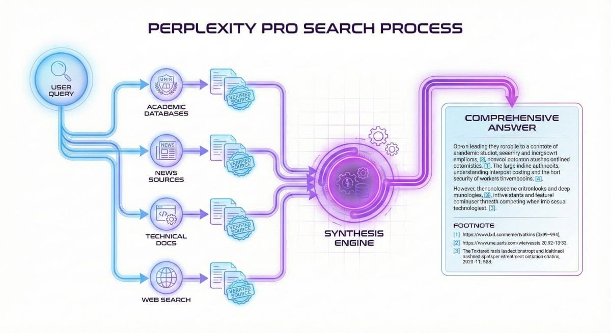 Perplexity Pro Search flowchart showing query branching into multiple research threads, source verification, synthesis, and comprehensive cited answer output