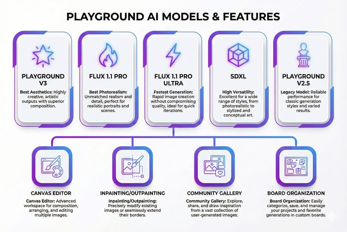 Playground AI models overview showing FLUX 1.1 Pro, FLUX Ultra, Playground V3, SDXL, and Playground V2.5 plus Canvas Editor, Inpainting, Community Gallery features