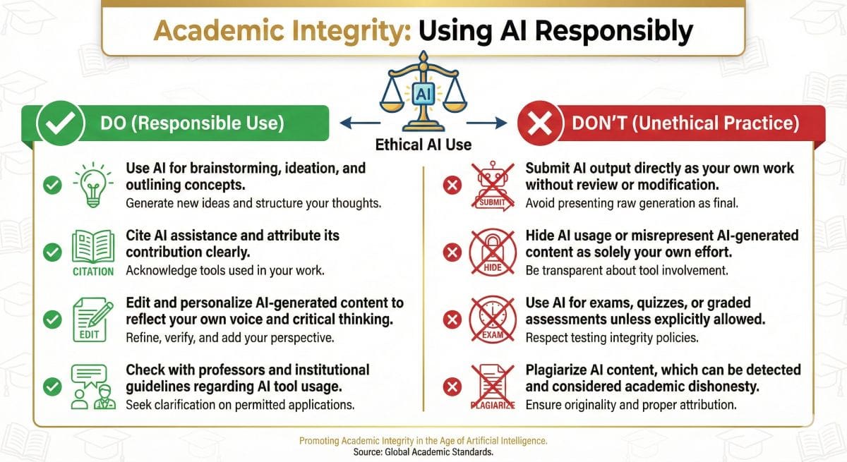 Academic integrity guide showing do's and don'ts for using AI tools in college assignments