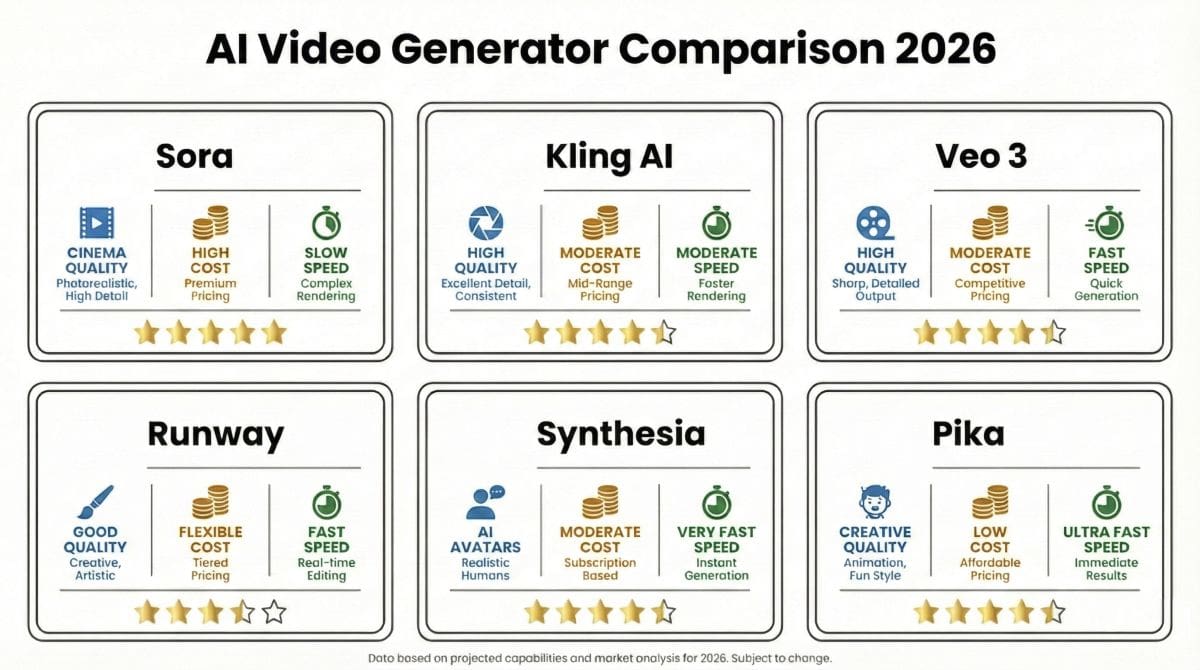 Comparison chart of top AI video generators including Sora, Kling, Veo 3, and Runway features and ratings