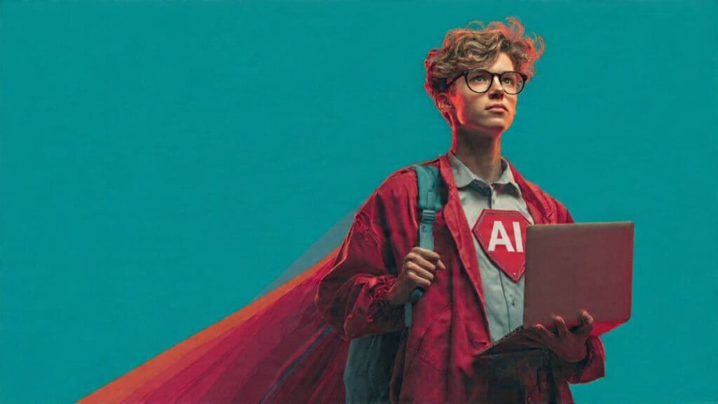 A confident student wearing glasses and a red superhero cape holding a laptop, with an AI logo on his chest, representing the best AI tools for students in 2026.