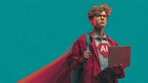 A confident student wearing glasses and a red superhero cape holding a laptop, with an AI logo on his chest, representing the best AI tools for students in 2026.
