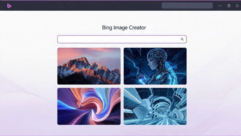 Bing Image Creator interface showing DALL-E 3 AI image generation with sample prompts and generated artwork including photorealistic and digital art styles