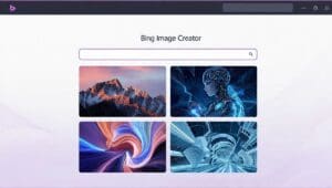 Bing Image Creator interface showing DALL-E 3 AI image generation with sample prompts and generated artwork including photorealistic and digital art styles