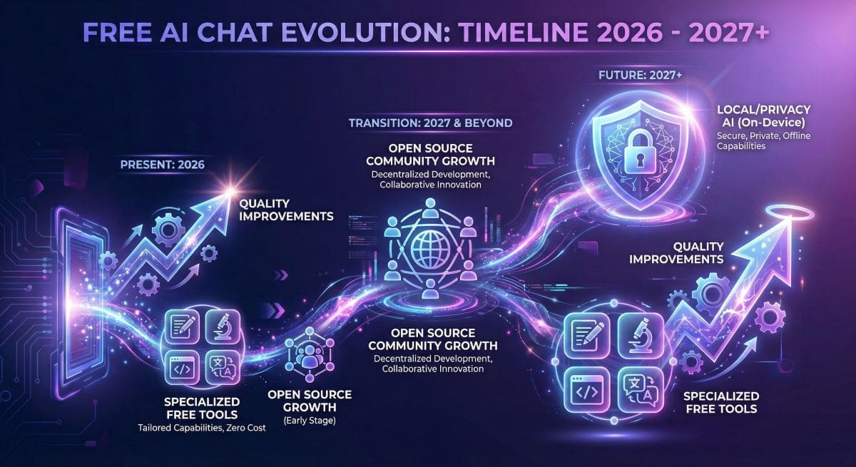 Future of free AI chat trends showing on-device AI, specialized tools, open source growth, and quality improvements for 2027