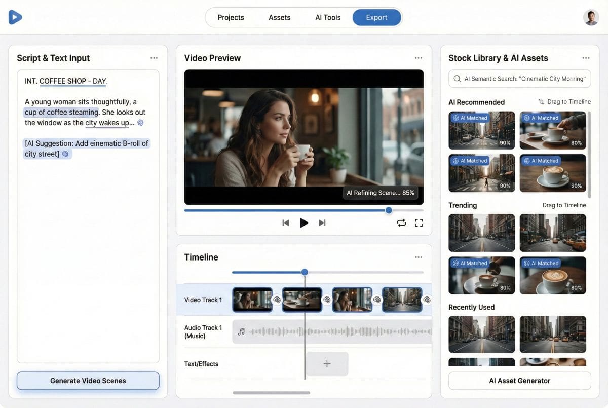 Pictory AI Dashboard Interface Pictory AI dashboard showing script-to-video workflow and editing tools