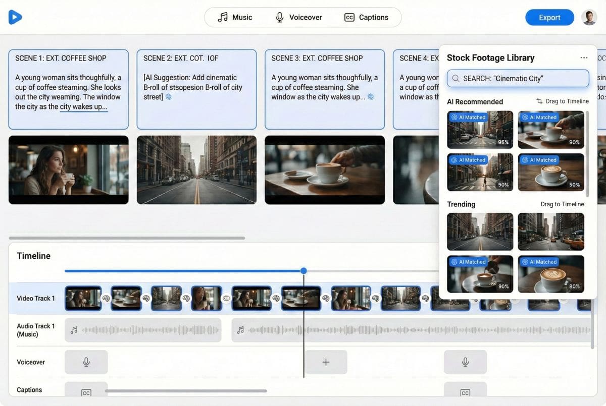 Pictory AI Editing Workflow Pictory AI video editor showing scene-by-scene customization options