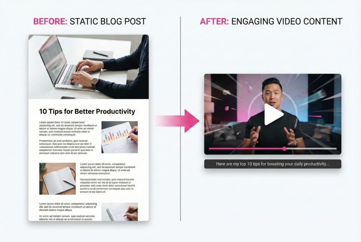 Pictory AI Video Results Example of Pictory AI video output showing before and after blog-to-video conversion